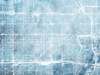 Illustration of a map of the city of  Rialto California in the United States of America with white roads on a icy blue frozen background.