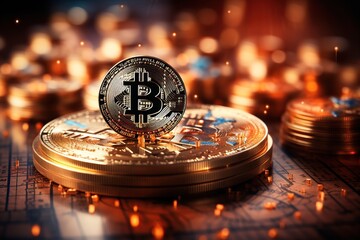 Bitcoin coin against the background of lights and other coins. Cryptocurrency turnover growth concept. E-commerce and the global economy. AI generation