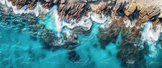 Aerial view of the ocean rocky shore.