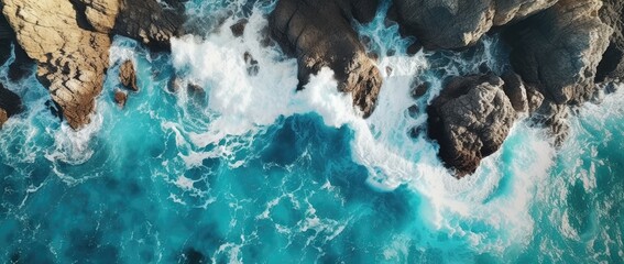Aerial view of the ocean rocky shore. - obrazy, fototapety, plakaty