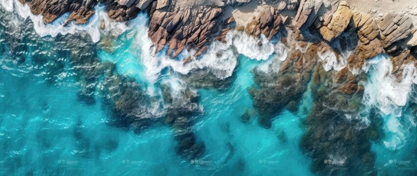 Aerial view of the ocean rocky shore.