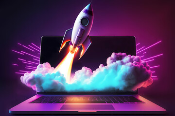 Rocket taking off open laptop. Generative ai design.