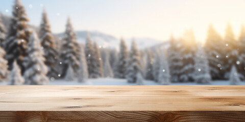 christmas empty wooden table top for product display with winter wonderland background