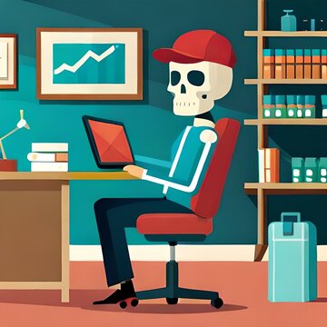 Caveira trabalhando no computador no escrit&oacute;rio.  Ilustra&ccedil;&atilde;o em vetor.