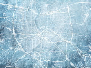 Illustration of a map of the city of  Rochester New York in the United States of America with white roads on a icy blue frozen background.