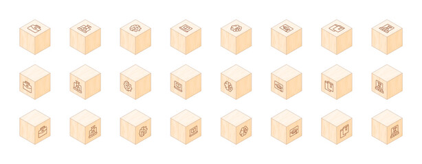 Education line icons printed on 3D wooden blocks. Cube Wood. Isometric Wood. Vector illustration. Containing career, online learning, brain, online education, books.