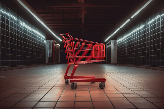 Symbolic empty cart in black-tiled hallway : food shortage concept. Created using generative AI tools