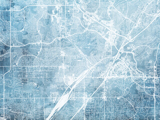 Illustration of a map of the city of  Roseville California in the United States of America with white roads on a icy blue frozen background.