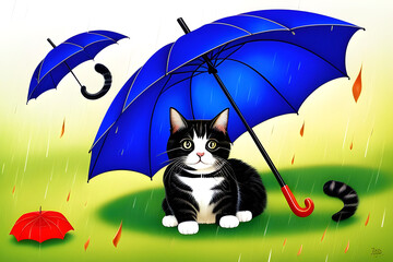 a cat with an umbrella on a rainy day. Generative AI