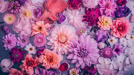 Summer blossoming delicate dahlias, blooming flowers festive background, pastel and soft bouquet floral card, selective focus, toned