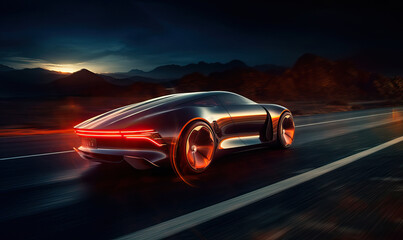 Obraz na płótnie Canvas Dynamic night drive: concept car speeding on highway in black, red, and orange. Generated AI tools