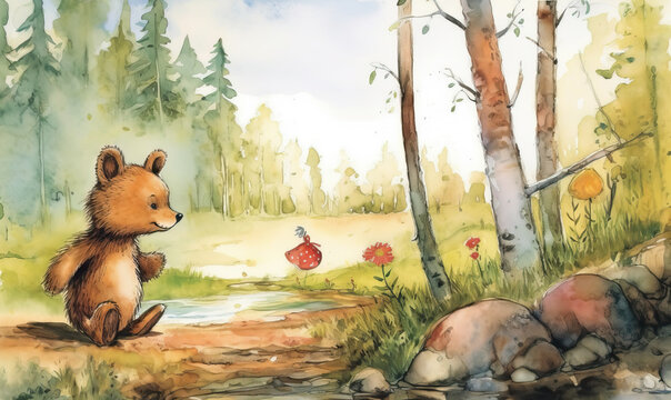 Adorable bear cub: watercolor forest illustration for children's books. Generated AI tools