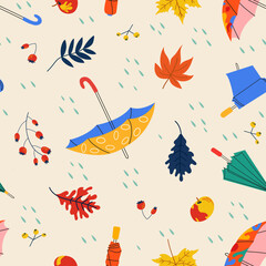 Vector seamless pattern with hand drawn umbrellas, fall leaves, rain drops. Illustration for cards, textile, paper, invitations