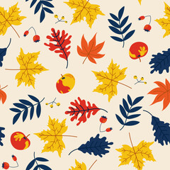 Fototapeta na wymiar Seamless pattern with autumn leaves in orange, beige, yellow and blue. Ideal for wallpaper, gift paper, pattern fill, web page background