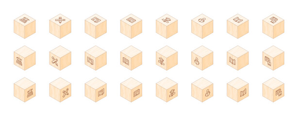 Education line icons printed on 3D wooden blocks. Cube Wood. Isometric Wood. Vector illustration. Containing education, ruler, diploma, reading, reading book, radio.
