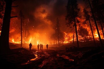 A group of firefighters in front of a burning forest. Extinguishing forest fires from the ground. Deforestation. destruction of forests by fire. Disaster. AI generated