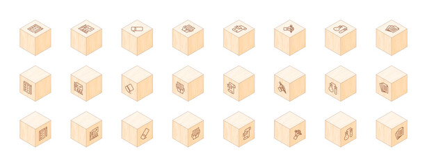 Education line icons printed on 3D wooden blocks. Cube Wood. Isometric Wood. Vector illustration. Containing exam, training, eraser, graduation, pencil, chemical, paper.