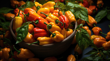 Habanero Peppers in different colors lie surrounded by green leaves in a black bowl. Generative AI