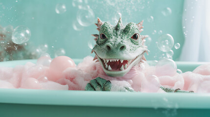 Creative abstract scene of a small baby dinosaur or a reptile lying in a green mint bathtub and enjoying a warm bath, a soap and soap bubbles. Generative AI.