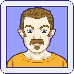 Avatar profile pic of caucasian man with blue eyes, light brown hair, retro-style moustache and goatee. Vector illustration.