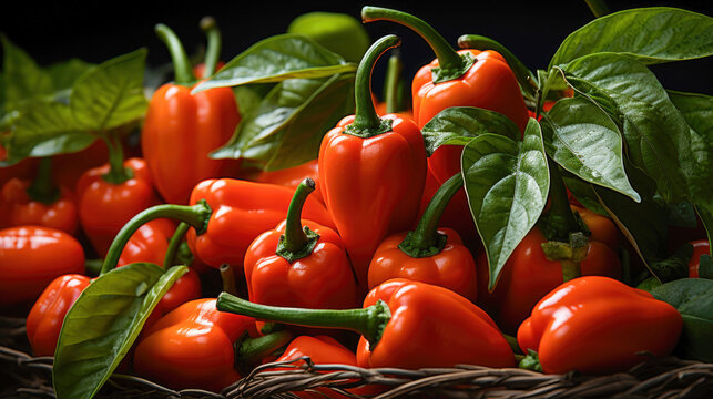 Habanero Peppers in Red lie surrounded by green leaves in a black bowl. Generative AI