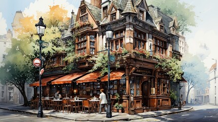 Old coffeeshop on the cities of London and paris