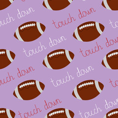 Vector seamless pattern with rugby balls and touch down slogan in cartoon style. American football pattern