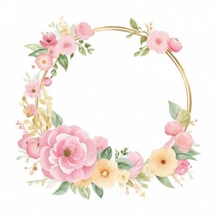 Naklejka na ściany i meble Pink floral wreath in a vector watercolour style with a golden circle. Generative AI.