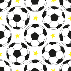 Vector seamless pattern with soccer balls and stars in cartoon style. Football pattern design
