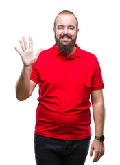 Young caucasian hipster man wearing red shirt over isolated background showing and pointing up with fingers number five while smiling confident and happy.