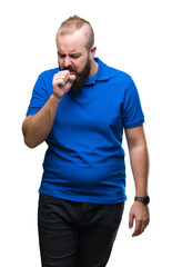 Young caucasian hipster man wearing blue shirt over isolated background feeling unwell and coughing as symptom for cold or bronchitis. Healthcare concept.