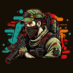 Military man sniper with airsoft automatic rifle. Cartoon vector illustration.