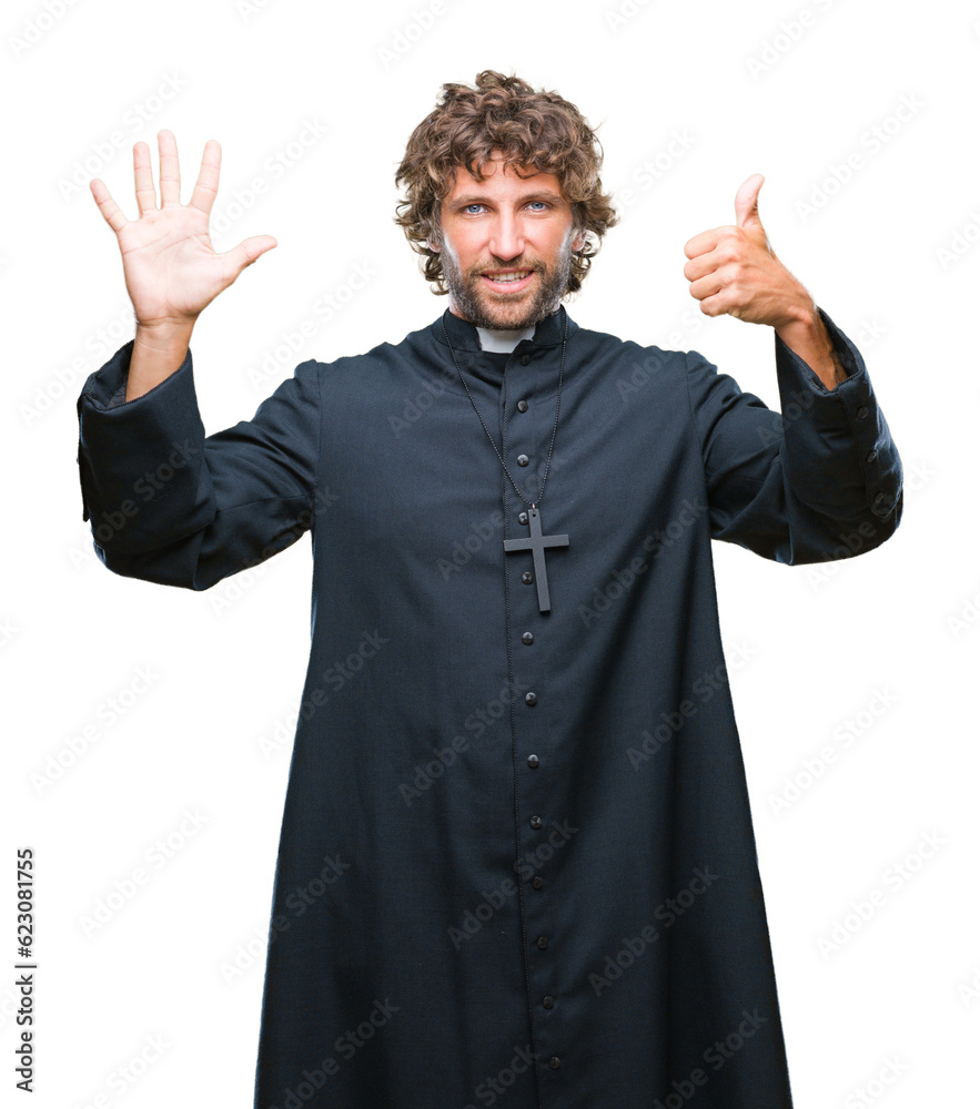 Poster Handsome hispanic catholic priest man over isolated background showing and pointing up with fingers number six while smiling confident and happy.