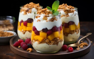 Delicious Yogurt Granola Parfait with Sliced Nuts and Fresh Mango. Generative AI