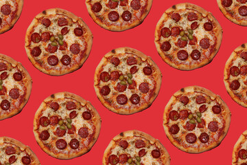 Pizza Mexican style pattern on red backround. 