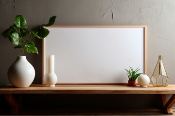 Empty frame with vases on the table against the background of a rough wall. Interior mockup. Template for design. AI generated