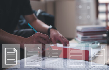 businessman writing on paper with virtual document in Document data system Report HR technology Concept, data analysis, research and development