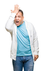 Middle age arab man wearing sweatshirt over isolated background surprised with hand on head for mistake, remember error. Forgot, bad memory concept.