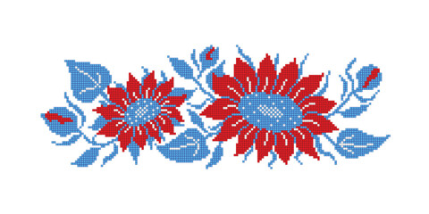 Realistic Cross-Stitch Embroideried Composition with Sunflowers. Ethnic Floral, Handmade Stylization. Traditional Ukrainian Red and Blue Embroidery. Ethnic Design Element. Vector 3d Illustration