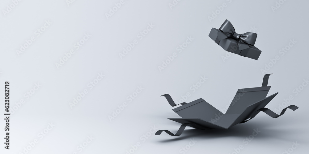 Fototapete blank open black present box or gift box with black ribbons and bow isolated on white grey backgroun
