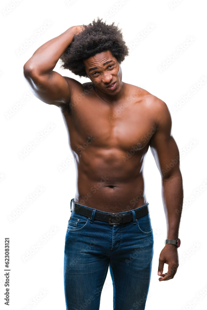 Canvas Prints afro american shirtless man showing nude body over isolated background confuse and wonder about ques