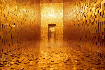 room full of golden gold bars abstract background