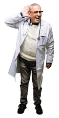 Handsome senior doctor man wearing medical coat smiling with hand over ear listening an hearing to rumor or gossip. Deafness concept.