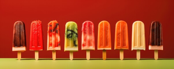 Popsicles of fresh and healthy watermelom on red background, panorama. Generative Ai.