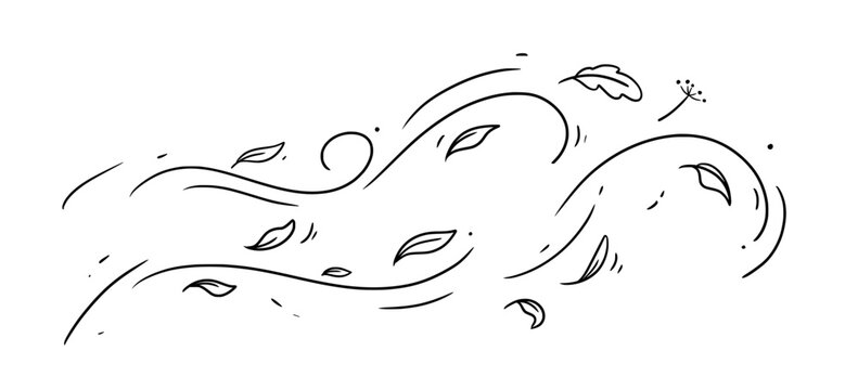 Leaf wind doodle line sketch set. Hand drawn doodle wind motion, air blow, leaf falling elements. Sketch drawn air weather, autumn falling concept. Isolated vector illustration.