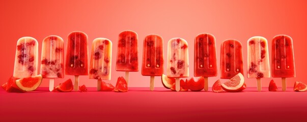 Fototapeta premium Popsicles of fresh and healthy watermelom on red background, panorama. Generative Ai.