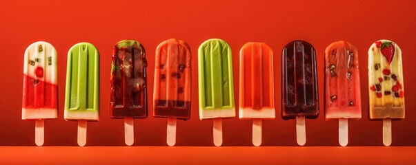 Popsicles of fresh and healthy watermelom on red background, panorama. Generative Ai.