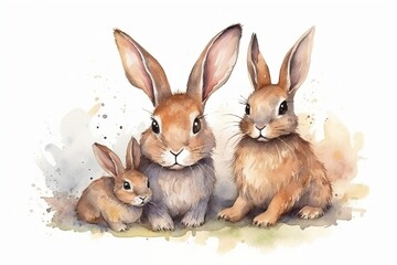 Obraz premium Watercolor illustration of rabbits. Generative AI