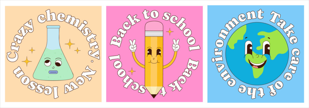  Back to school. Groovy characters of school subjects. The founded posters to school lessons. Globe test tube and pencil. Vector illustrations