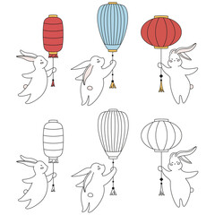set of flying rabbits using lanterns, mid-autumn festival